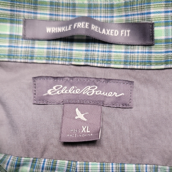💗 EDDIE BAUER Plaid Checkered Button Down Up Short Sleeve Shirt Blue & Green XL - Picture 3 of 6